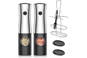 FORLIM Set Macina Sale e Pepe Elettrico, con Supporto, macina pepe elettrico con Granulometria Regolabile in acciaio inox, macina sale con luce LED(Nero+Argento)