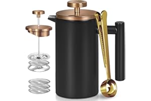 Wrobic French Press zaparzacz do kawy ze stali nierdzewnej, 600 ml, izolowany francuski zaparzacz do kawy i herbaty, z 3 dodatkowymi sitkami i łyżeczką do kawy, czarny