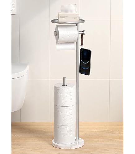 KES Porta Carta Igienica Autoportante In Acciaio Inox Con Base In Marmo Bianco - BPH284S1-2, Stabile E Antiscivolo
