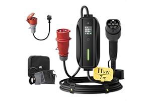 ‎DÉ dé Mobile Wallbox/Ladestation 11kW mit Schuko Adapter [3-phasig|7m|6-16A] Einstellbarer Aktuell, EV-Ladegerät und Typ 2 Ladakebel für ID.3, ID.4, ID.5, Model Y, Model 3, e-up, e-tron, Zoe u andere EV