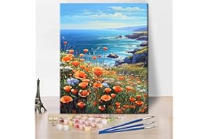 TISHIRON Dipingere con i numeri, paesaggio di coste di fiori, fai da te, pittura a olio su tela, set per dipingere con i numeri, kit per dipingere con i numeri, per adulti, senza cornice, 16 x 20