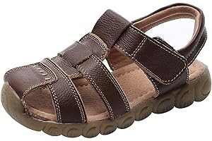 rismart Boy's Leather Sandals Closed Toe Hiking Sports Outdoor Hollow Shoes