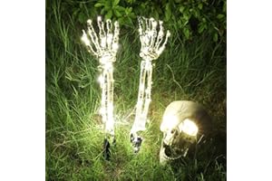 KMLJOEE Esqueleto Iluminado Decoración de Halloween al Aire Libre, Cráneo Iluminado LED y 2 Brazos Estacas Decoración de Jardín, Realista Cementerio Jardín Patio Decoraciones de Halloween