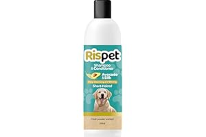 RISPET Shampoo und Spülung, Avocado und Seide, Wasch- und Desinfektionsmittel für Hunde und kurzhaarige Tiere, Zarte Formel ohne Allergene und ausgeglichener pH-Wert, Talkum-Duft, 370 ml