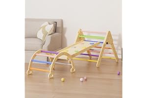 BenaRita 3 in 1 Set di Arrampicata a Triangolo Arcobaleno per Bambini Scala da Arrampicata Triangolare Pieghevole con Rampa Scorrevole e arco Arrampicata Montessori, Giocattoli di Legno per Bambine