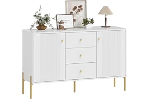 HOMCOM Aparador Moderno de 2 Puertas, Aparador de Salón con 3 Cajones, Estantes Ajustables, Encimera con Efecto Mármol, Patas de Acero, para Cocina, Entrada, Dormitorio, Blanco, 120x39,1x76 cm