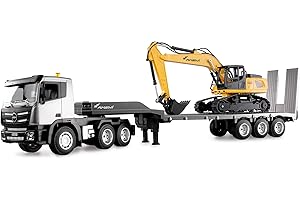 Amewi Zestaw ciężarówek 2 w 1 z niską i koparką 1:24 RTR zdalnie sterowany RC plac budowy dla dzieci 8 lat, antracyt/czarny/żółty