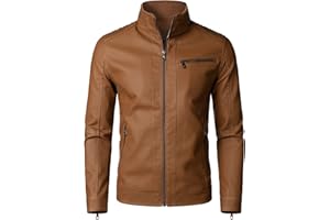 HOOD CREW Men's Stand Up Collar PU Faux Leather Jacket Zipper Motorcycle Bomber Jacket