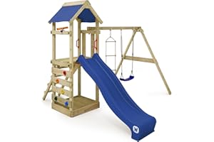 WICKEY Aire de Jeux FreeFlyer portique en Bois avec balançoire et Toboggan Anthracite, Tour d'escalade pour Enfants avec bac à Sable, échelle et Accessoires de Jeu pour Le Jardin.