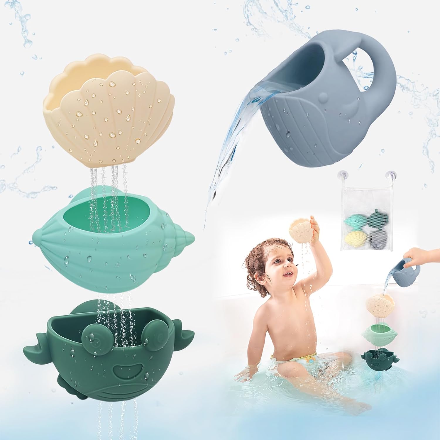 Juguetes de Baño para Bebé, 4 Piezas Juguetes Baño Bebe para Niños Niñas 1 2 3 4 Año, Regalo Baño Bebe, Juguetes de Baño para Bebé Ducha Juguetes de Natación, Niños Niña Juguetes Educativos