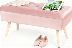 ‎HAWTHYHOME Hawthyhome Sitzbank mit Stauraum 80 × 35 × 43 cm, Sitztruhe mit Aufbewahrungsbox Truhenbank Samt Polsterbank mit Holzbeine für Flur Wohnzimmer Schlafzimmer Rosa