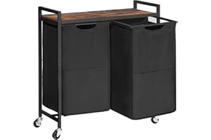 HOOBRO Cesto para Ropa Sucia, Cesta Colada con 2 Bolsas Extraíbles, Carro de Lavandería, 2 x 49,5 L, 70 x 30 x 77 cm, para Lavadero, Baño, Marrón Rústico y Negro EBF72XY01