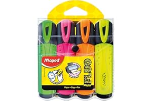 Maped - Material Escolar - Subrayador Classic - 4 Subrayadores de Colores - Verde, Rosa, Naranja y Amarillo - Punta Biselada - Trazo de 1 a 5 mm - Tapón a Presión