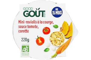 GOOD GOÛT - Mini-Raviolis À La Courge, Sauce Tomate Et Carottes - Plat Cuisiné Pour Bébé - Dès 15 Mois - Avec Morceaux - Fabriqué En France - Assiette Micro-Ondable - 190g