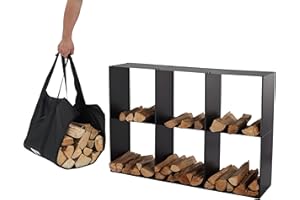 Lendo Online Scaffale per legna da ardere + Borsa per il trasporto, Portolegna, per interni ed esterni, per legna da ardere – deposito legna – nero – metallo (80x28x120cm)