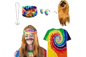 CHMMY Deguisement Hippie Costume Hippie Femme Homme Annee 70 avec T Shirt Perruque Bandeau Lunettes de Soleil Collier, Accessoires Hippie pour Halloween Decoration Annees 70 Déguisement Hippie