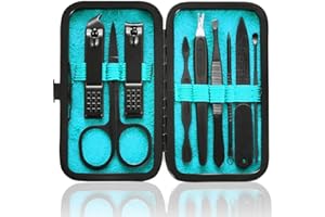 HANTEKAS Maniküre-Set, 9-in-1, Edelstahl, Nagelknipser, Schere, Pediküre-Werkzeug-Set, tragbares Reise-Pflege-Set für Männer und Frauen, mit schwarz/blauer Ledertasche (blau)