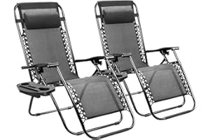 VIROSA Set of 2 | Zero gravity chair | Reclining & Folding Outdoor Garden Loungers | Made with Heavy Duty Textoline | Folding Chair with Cup Holder and Headrest Pillow (Grey)