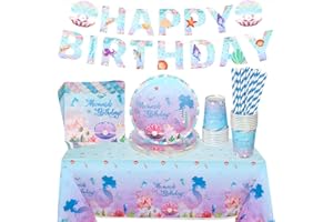 WISHSTAR Meerjungfrau Geburtstag Geschirr Set, 70 Stück Geburtstagsdeko mädchen,Meerjungfrau Party Geschirr&Decorations Set, Blaue Party Zubehör Pappteller Tischdecke Servietten für Kinder, 16 Gäste
