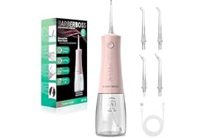 BarberBoss Irrigador Dental, hilo dental eléctrico, 5 niveles presión, 340 ml resistente agua IPX8, irrigador bucal portátil para el cuidado las encías, QR-7103 (Rosa Pastel)