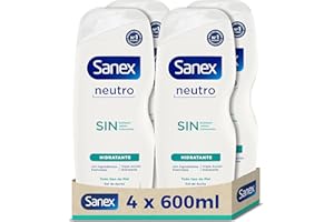 Sanex Gel de Ducha Neutro Hidratante (4x600 ml), con ingredientes esenciales, 0% sulfatos*, 0% jabón y 0% colorantes, para todo tipo de piel, hidratación duradera, tecnología triple acción
