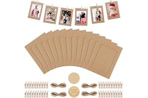 Hotipine 40 pz cornici di Carta Kraft per Foto DIY, Marrone Portafoto Cornice in cartone con 40 Clip in Legno e 4 Corda de Appendere +80pz Adesivi per Festa Matrimonio e Compleanno,10x15cm 300gsm