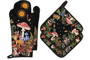 Arquiel Guanti Da Forno Presina Set Di 4, 100% Cotone Addensare Guanti Da Forno A Microonde, Presine Da Cucina Morbida Resistenti Al Calore Per Arrostire, Cuocere(Funghi Retrò)