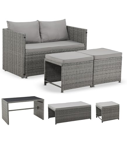 Home Deluxe Polyrattan Sitzgruppe Bahia Mit Tisch, Hockern & Abdeckung – Garten Lounge