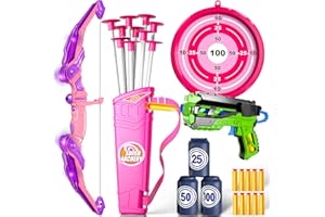 Doloowee Arco y Flecha para Niños Juguetes con Luces LED - 51Pcs Tiro con Arco Set Incluye 2 Arcos, 20 Ventosas Flechas 2 Blancos y 2 Carcaj, Jugar Interior Exterior para Niños Niñas Juguetes