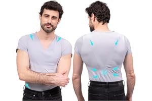 PERCKO T-shirt discret pour homme, Soulage le mal de dos, Manches Courtes, Col V, Tenseurs Brevetés, Gris, Taille H1,P2