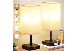 Seealle Bedside Lamps Set of 2, Fully Dimmable Table Lamps with USB C+A Charging Ports, Bedroom Lamp with Knob Switch Beige Linen Shade, Bedside Lamp for Bedroom Living Room Office(Bulbs Included)