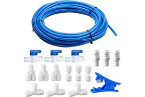 GALDOEP Set di collegamento universale del tubo di ingresso dell’acqua 1/4" (6mm)Tubo di alimentazione dell'acqua15 PCS(T + I + Y tipo combo + valvola di intercettazione + dritto)+10m tubo dell'acqua