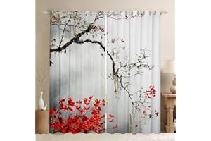 Loussiesd Czarno-białe zasłony panele okienne nadruk azjatycki japoński styl gałąź drzewa z czerwonymi liśćmi zestaw zasłony okiennej szer. 116 x dł. 54 zasłony do salonu sypialni kuchni