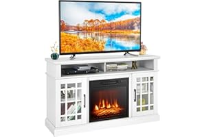 COSTWAY Electric Fireplace Insert TV Stand, Entertainment Center Console Table with Adjustable Flame, Overheat Protection Fire Heater & Remote (White, 18” Fireplace, for 55” TV)