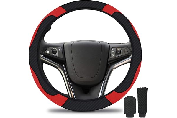 URAQT Couvre Volant Voiture Cuir Microfibre, Noir Rouge, Respirant PU avec Couvercle Frein Main & Changement Vitesse, Antidérapante Universelle (37-39cm)