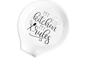 YTNONT Ceramic Spoon Rest for Kitchen Stove Top Counter, Funny My Kitchen My Rules White Spoon Holders for Chef, Dad, Mom, Friend Cute Kitchen Decor Gift