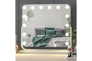 MAMIZO Hollywoodzkie Lusterko Do Makijażu Ze światłami,14 ściemnianych Lusterek Kosmetycznych LED Do Toaletki,Lustro na Biurko Z Lustrem Powiększającym 10X,Przełącznik Dotykowy,Obrót o 360°,Biały, 60x53cm