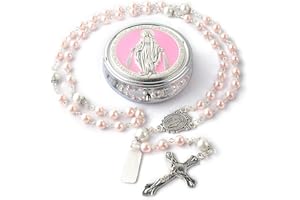 Calkkrer 6mm Glasperlen Rosenkranz mit 8mm Vaterunser-Perlen, Katholische Kette im Wunder-Metall-Geschenkbox, Erstkommunion und Personalisiertes Rosa Rosenkranz