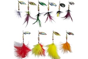 BLACKWATER 10 Pack Fishing Spinners Lures Trout Salmon Feather Pike Perch with Treble Hook Sea Feathers Pink White Red Tinsel Feathered Set Pollock Bass Carp Holographic Spoon