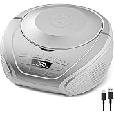 Gueray Boombox Portable CD Player with Speakers and Radio Silver | Home CD Players AUX Input Headphone Compatible PROG Playli