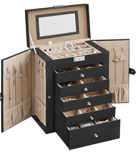 Grande Boîte à Bijoux Verrouillable Cuir Noir - Organiseur Extra Large Avec Miroir