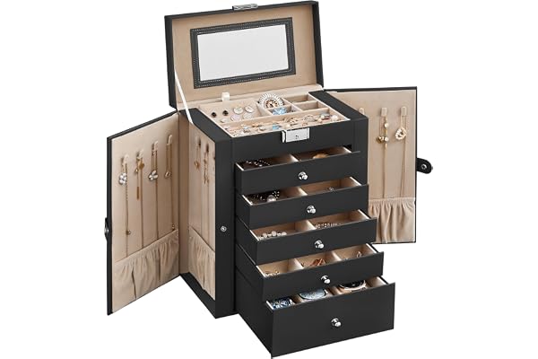 SONGMICS Boîte à Bijoux 6 Niveaux, Écrin à Accessoires avec 5 Tiroirs, Coffre de Rangement, avec Miroir Intérieur, Verrouillable, Rangement pour Bijoux, pour Montres, Noir d'Encre JBC152B01