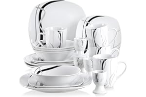VEWEET 'Fiona' 20-Piece Dinner Set, Black Lines Porcelain Dinnerware Set, Ivory White Combination Sets with 4 * Egg Cup, 4 * Mug, 4 * Bowl, 4 * Dessert Plate, 4 * Dinner Plate, Service for 6