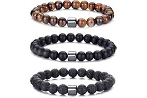 VEEDOFA Tiger Eye Beaded Bracelets for Men - Elastic 8MM Natural Stone Bracelet Set Lava Rock Bracelets Gifts for Son Grandson Bonus Son Boyfriend Brother