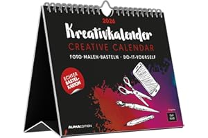 ‎ALPHA EDITION Alpha Edition - Kreativ-Kalender Tischaufsteller Quer Schwarz 2026 – Bastelkalender 20×16 cm mit weißer Schrift, zum Aufstellen & Aufhängen, ideal für ... & DIY-Geschenke: Bastelpapier schwarz
