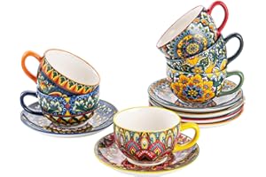 Henten Home kaffeservis porslin, kaffeset färgglada 6 st, 250 ml handmålade kaffekoppar set för 6 personer, innehåller kaffek