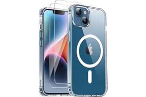 COPIKE Funda Magnética para iPhone 13 y iPhone 14 con 2 Cristal Templado, Compatible con MagSafe, Carcasa Antigolpes Anti-Amarillo Tapa Trasera Resistente Arañazos, Transparent