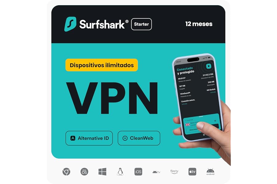 Surfshark Starter, VPN, Starter, 12 Meses, Código Digital