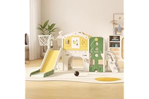 VUECER Tobogán para Niños Pequeños con Escalera: Zona de Juegos Interior y Exterior con Caja de Almacenamiento Túnel Escalera Aro de Baloncesto y Zona de Paso Tobogán de Jardín (SDW-N-Green Yellow)