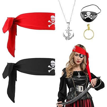 WooHand - Accesorios Para Disfraz De Pirata Para Ujer, Bandana, Faja, Ojo, Collar, Aretes